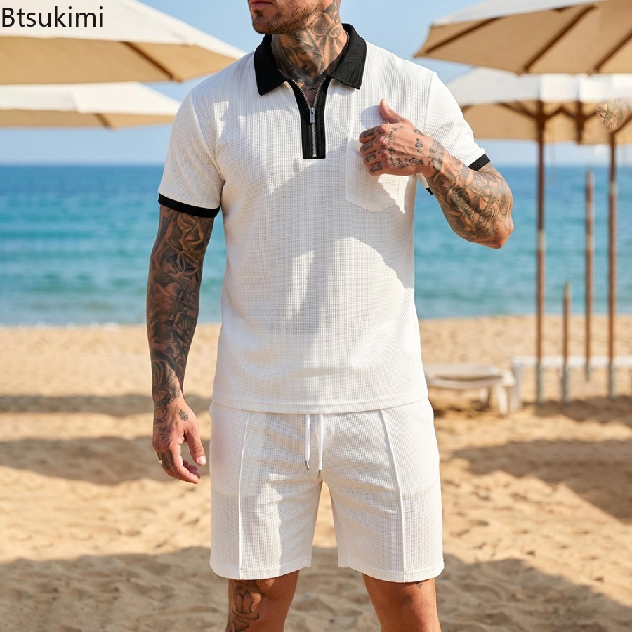 Summer Vacation Clothing Men - Mens Waffle Collar Polo Short Sleeved
