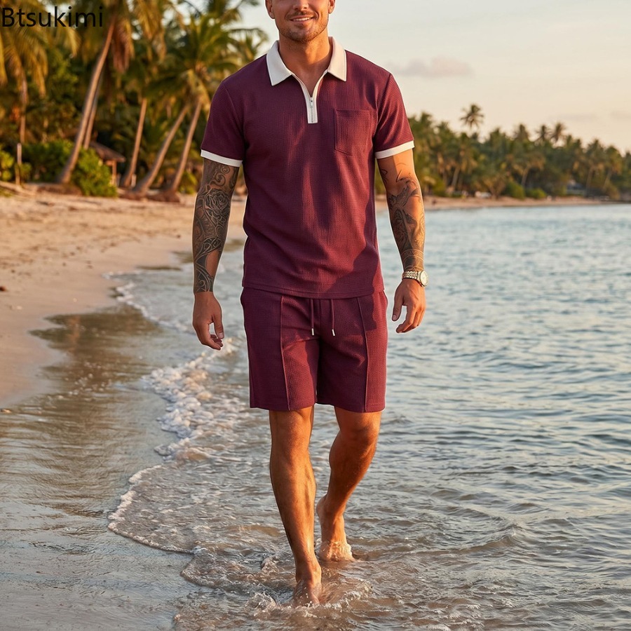 Mens Waffle Collar Polo Short  - Summer Vacation Clothing Men ulasan dan harga